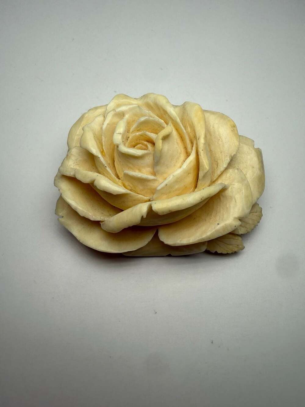 Antique Hand Carved Bone or Wood Rose Brooch Pin Silver